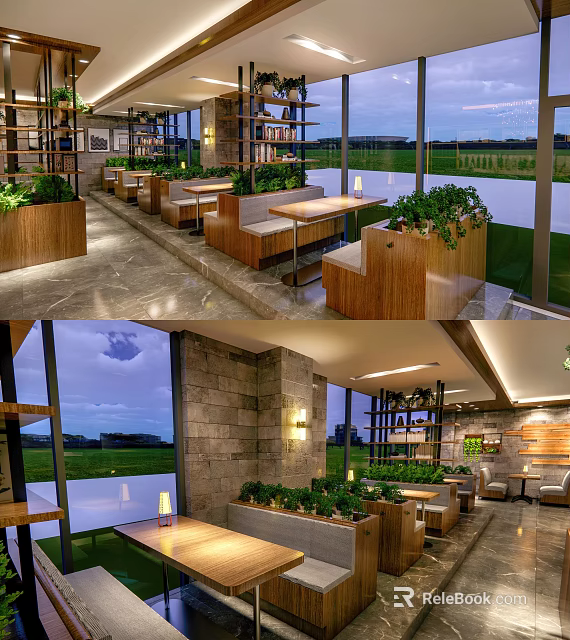 Modern Bar Interior Design with Large Windows Green View Wooden Furniture Potted Plants Cozy Seating 3d model 