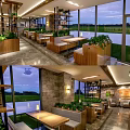 Modern Bar Interior Design with Large Windows Green View Wooden Furniture Potted Plants Cozy Seating