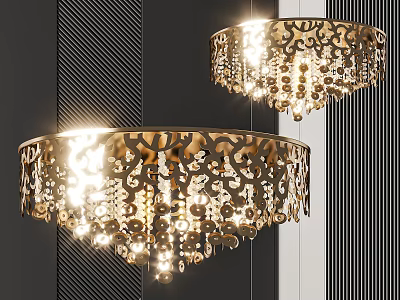 Elegant Metallic Chandeliers With Intricate Ornate Patterns Illuminated In Modern Interior 3d model
