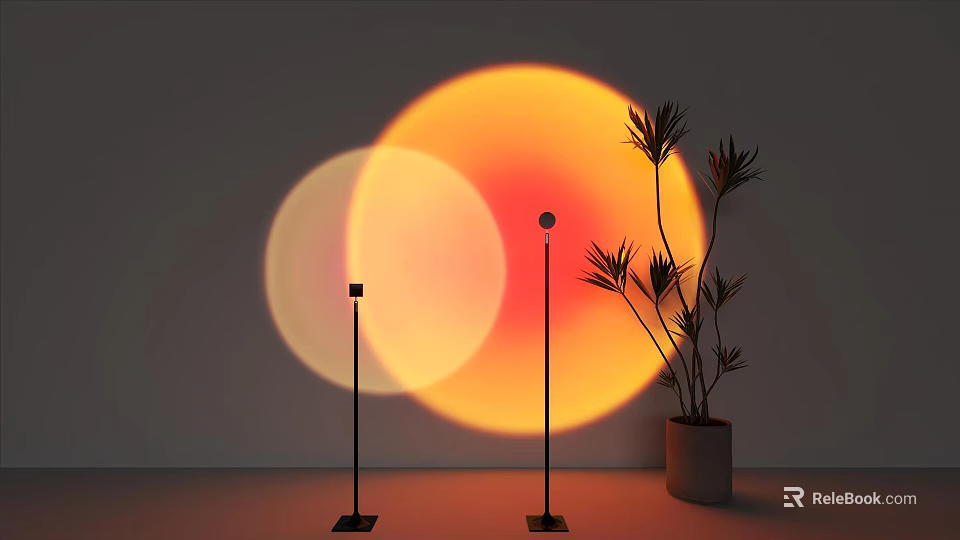 Modern Floor Lamps with Orange and Soft White Light Projections Near Potted Plant 3d model 