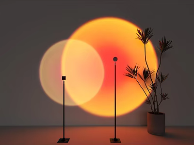 Modern Floor Lamps with Orange and Soft White Light Projections Near Potted Plant 3d model