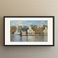 Serene Landscape Painting With River Grass Sky And Distant Trees Small Boat On Water