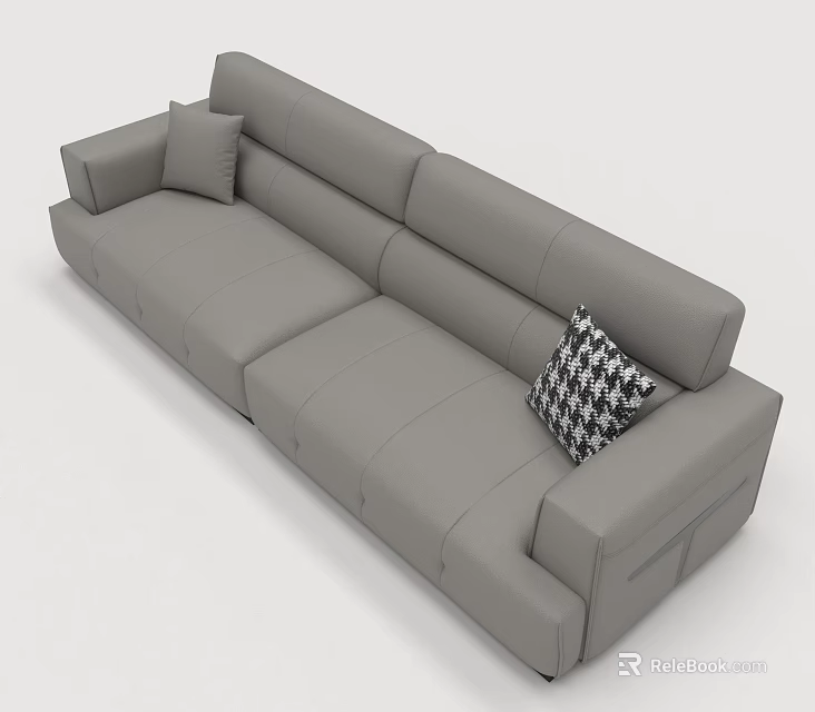 Modern Grey Leather Three Seater Sofa With Plaid Decorative Pillow 3d model