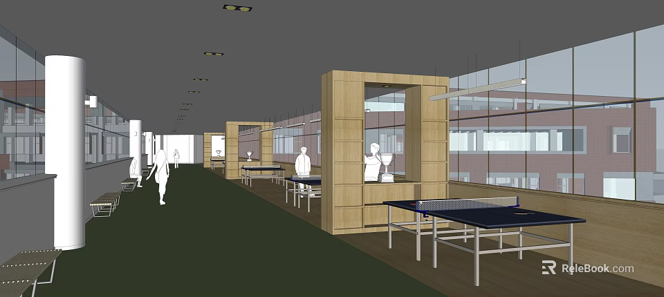 Modern Elevator Hallway With Wooden Partitions Glass Windows Green Floor And Tables 3d model 