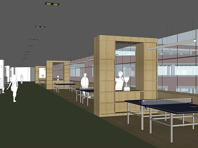 Modern Elevator Hallway With Wooden Partitions Glass Windows Green Floor And Tables 3d model