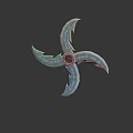 Ornate Shuriken Weapon With Metallic Three Blades Blue Gemstone Accents And Central Black Circle