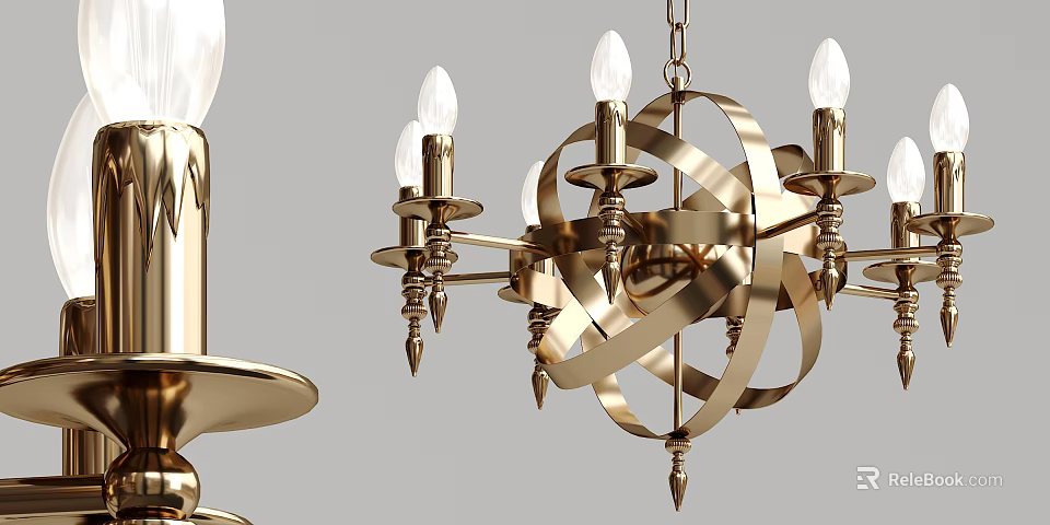 Elegant Golden Chandelier With Candle Shaped Lights And Circular Metal Structure 3d model 