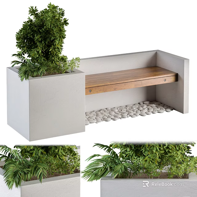 Outdoor Seating Space With Concrete Planter Wooden Bench Green Plants And Pebbles 3d model 
