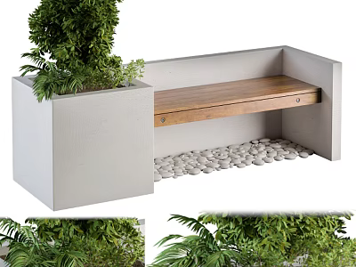 Outdoor Seating Space With Concrete Planter Wooden Bench Green Plants And Pebbles 3d model