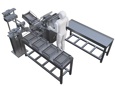 Automated Industrial Production Line With Metal Frames Trays And Human Operator 3d model