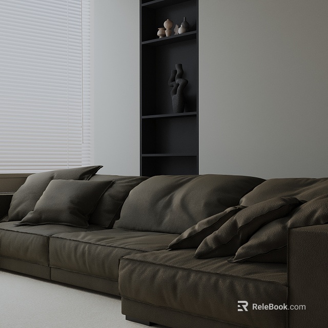 Stylish Three Seater Sofa With Black Bookshelf Sculpture And Window Blinds 3d model 