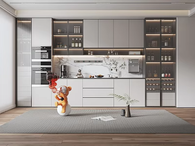 Modern Wine Cabinet In Kitchen Interior With Glass Doors And Wine Bottles 3d model