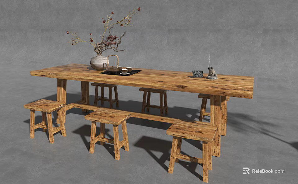 Rustic Long Solid Wood Tea Table and Stools Set with Dried Flower Vase and Tea Ware 3d model