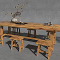 Rustic Long Solid Wood Tea Table and Stools Set with Dried Flower Vase and Tea Ware 3d model