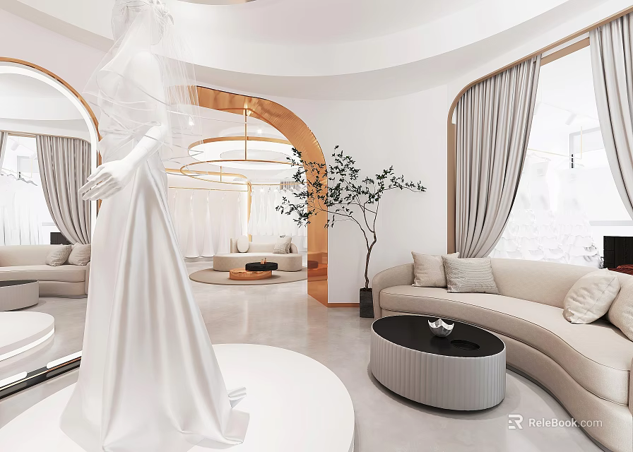Elegant Bridal Shop Interior Design With Wedding Dress Mannequin Sofa Mirror And Potted Plant 3d model 