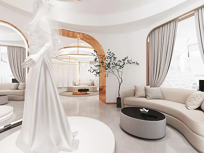 Elegant Bridal Shop Interior Design With Wedding Dress Mannequin Sofa Mirror And Potted Plant 3d model