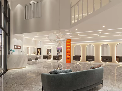 Modern Spacious Hair Salon Interior Design With Reception Desk Chairs And Arched Mirrors 3d model