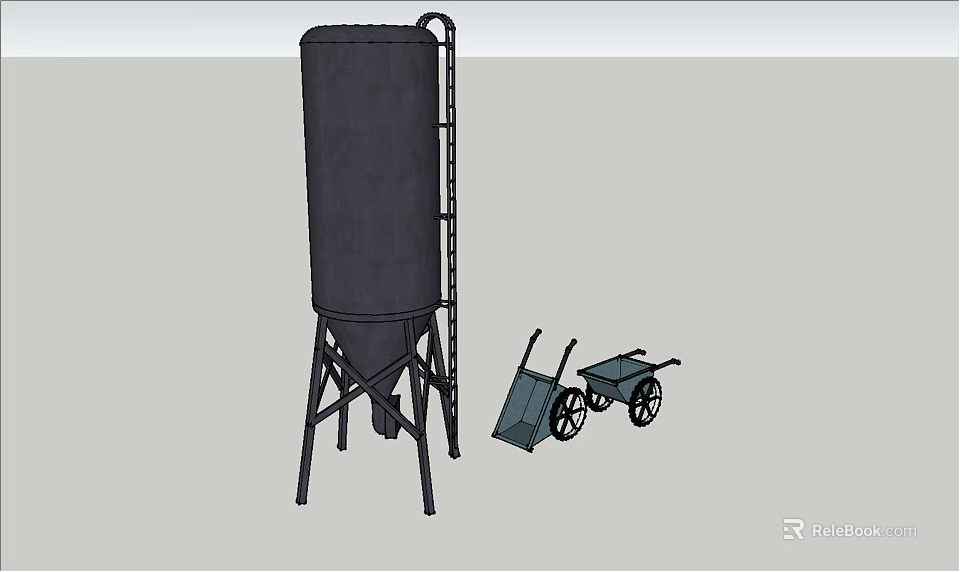 Industrial Equipment Featuring Vertical Silo With Ladder And Two Wheelbarrows 3d model 