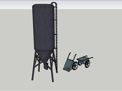 Industrial Equipment Featuring Vertical Silo With Ladder And Two Wheelbarrows 3d model