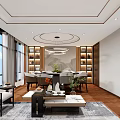 Modern Office Interior With Wooden Floor Desk Chair Green Plant And Decorative Paintings