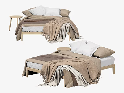 Cozy Double Bed Setup With Wooden Frame White Brown Pillows And Blanket 3d model