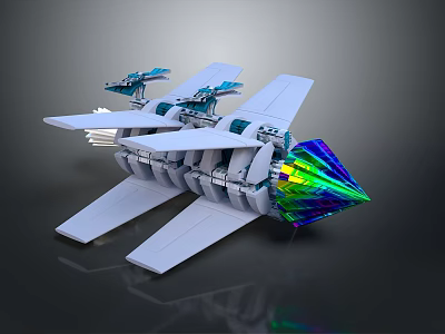 Futuristic Aircraft Model With White Wings Blue Components And Colorful Prism Cone 3d model