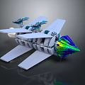 Futuristic Aircraft Model With White Wings Blue Components And Colorful Prism Cone