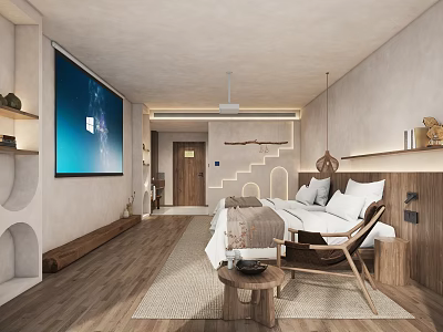 Modern Minimalist Hotel Guest Room With Large Bed Screen TV Wooden Elements And Pendant Lights 3d model