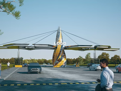 Modern Entrance Gate With Yellow And Blue Exterior Overhead Wing Structure Near Parking Area Vehicles 3d model
