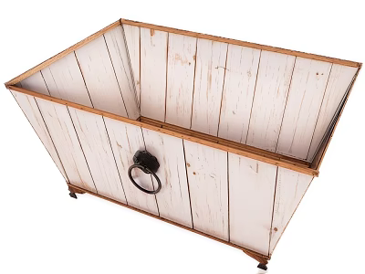 Vintage Agricultural Equipment Wooden Storage Box With White Planks And Metal Ring Handle 3d model