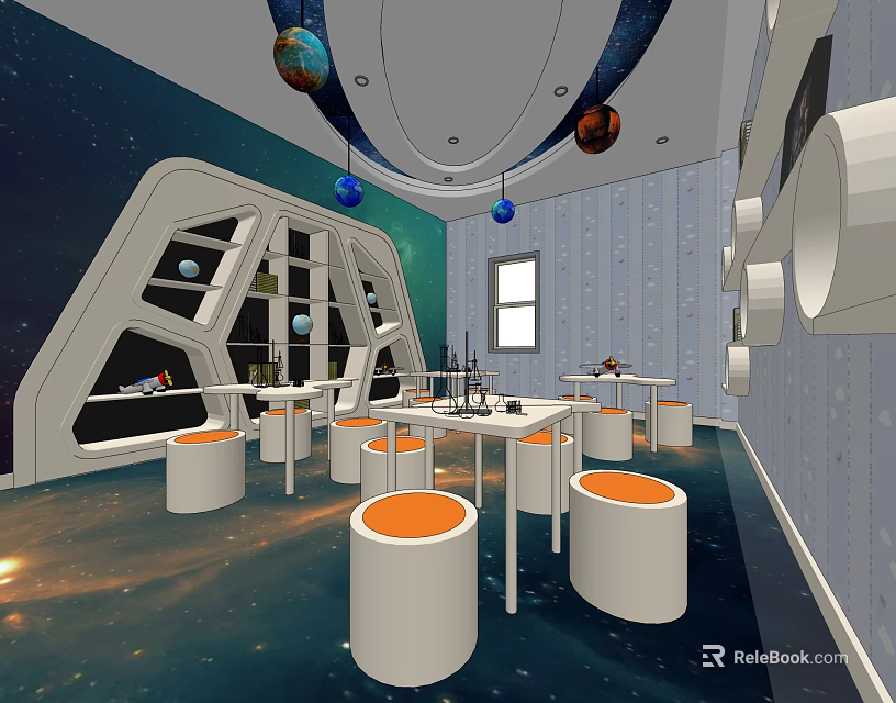 Space Themed Kindergarten Interior With White Orange Tables Chairs And Starry Decor 3d model 