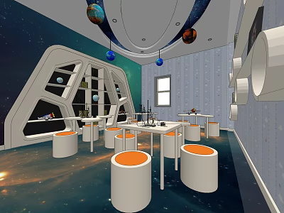 Space Themed Kindergarten Interior With White Orange Tables Chairs And Starry Decor 3d model