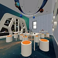Space Themed Kindergarten Interior With White Orange Tables Chairs And Starry Decor