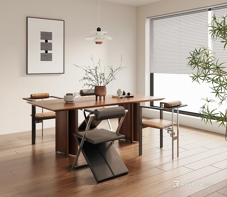 Modern Dining Table Set With Chairs Vase Decorations Wall Art And Plant Near Window 3d model 