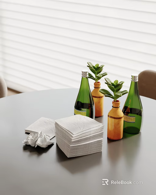 Decorative Ornament Set Including Green Orange Bottles Small Plants and White Tissues on Gray Table 3d model 