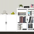 White Office Cabinet And Bookshelf With Books Binders Globe Plant Clock Flags And Fruits