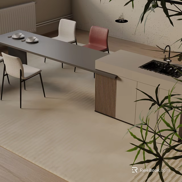Modern Dining Table Set With Rectangular Table White Red Chairs Kitchen Island And Marble Countertop 3d model 