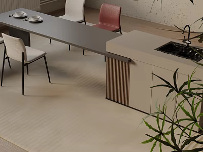 Modern Dining Table Set With Rectangular Table White Red Chairs Kitchen Island And Marble Countertop 3d model