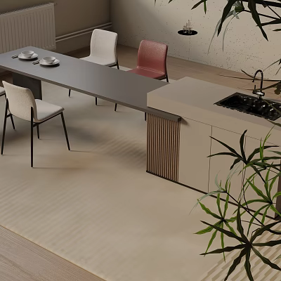 Modern Dining Table Set With Rectangular Table White Red Chairs Kitchen Island And Marble Countertop 3d model