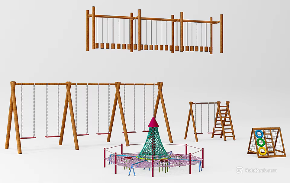 Colorful Outdoor Playground Equipment With Wooden Swings Climbing Frames And Net Structures 3d model 