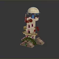 Scenic Stone Tower Landscape With Dome Windows Gears Stairs And Waterwheel Structure