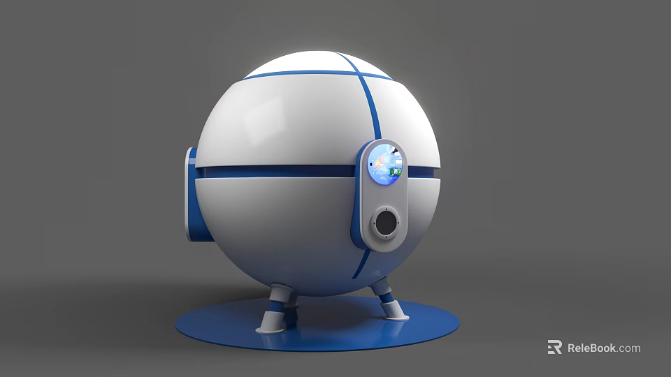 White And Blue Spherical Robot With Three Legs Blue Base And Camera 3d model
