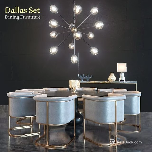 Elegant Gray Velvet Dining Table Set With Golden Legs And Modern Spherical Chandelier 3d model 