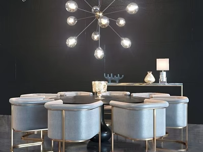 Elegant Gray Velvet Dining Table Set With Golden Legs And Modern Spherical Chandelier 3d model