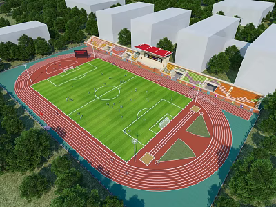 Modern School Building Featuring Red Running Track Green Football Field Spectator Stands And Surrounding Trees 3d model