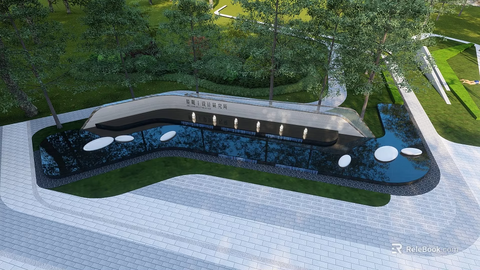 Modern Curved Landscape Wall With Water Pool Green Trees And Paved Area Lighting 3d model 