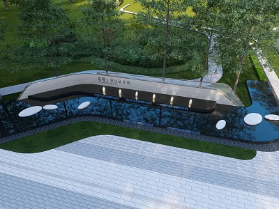 Modern Curved Landscape Wall With Water Pool Green Trees And Paved Area Lighting 3d model