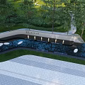Modern Curved Landscape Wall With Water Pool Green Trees And Paved Area Lighting