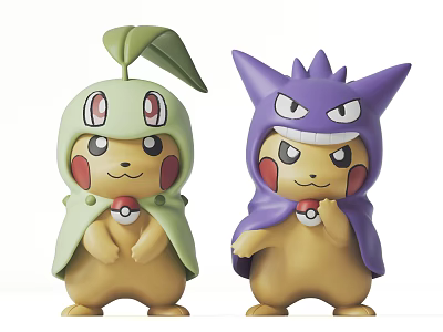 Cute Pokemon Pikachu Plush Dolls Dressed As Chikorita And Gengar 3d model
