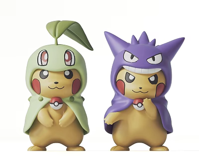 Cute Pokemon Pikachu Plush Dolls Dressed As Chikorita And Gengar 3d model
